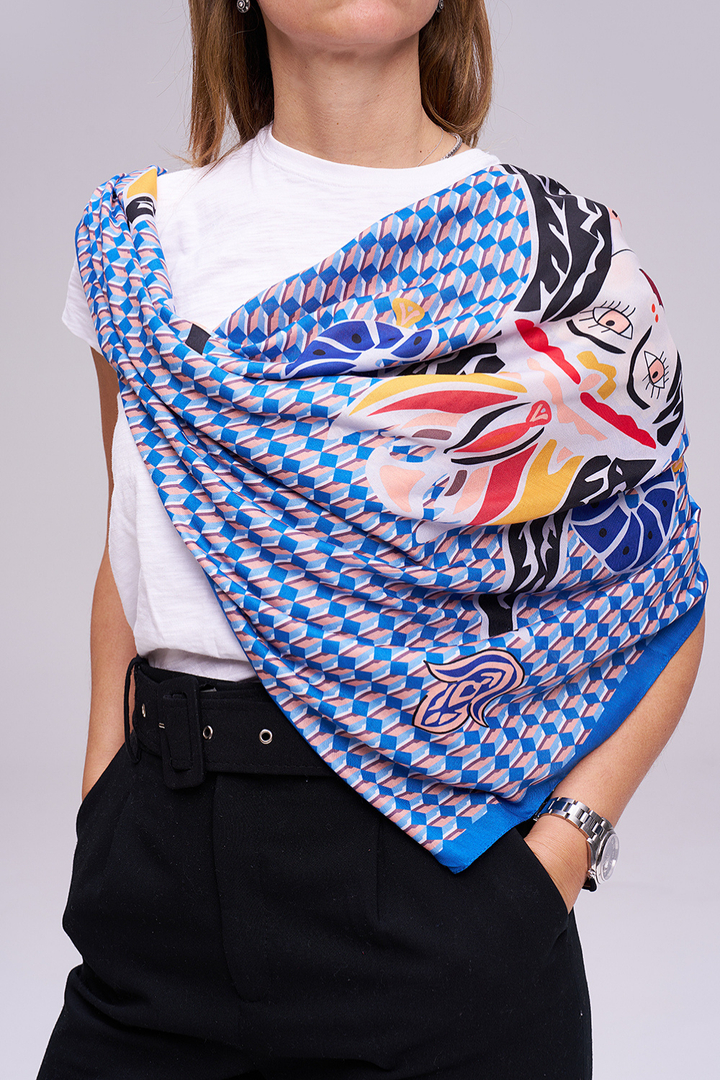 Mavi Şahmeran Monogram Fular